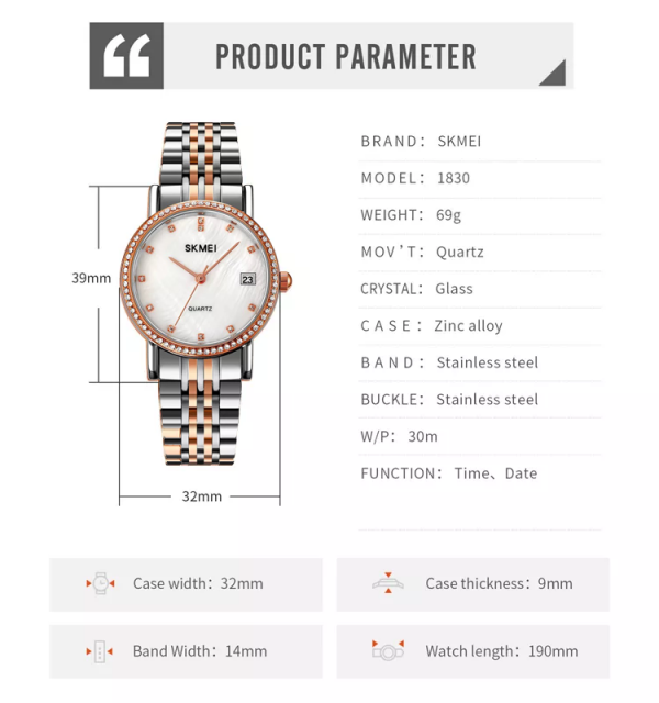 مشخصات ساعت مچی زنانه عقربه ای اسکمی مدل 1830بند استیل رزگلد
